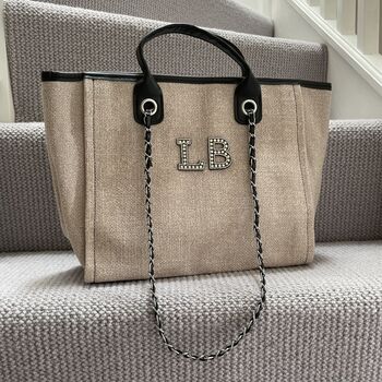 Personalised Beige And Black Large Chain Tote Beach Bag, 5 of 9