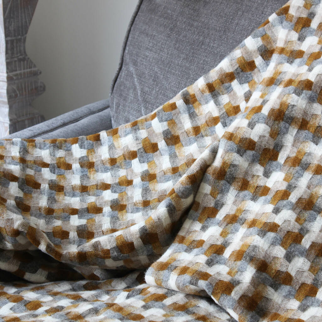 Mustard And Grey Woven Lambswool Throw By Marquis & Dawe