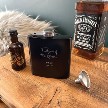 Personalised Script Engraved Black Metal Hip Flask Wedding Party And Father Of The Bride Gift, 6 of 11