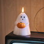 Halloween Ghost Holding Pumpkin Tru Glow Pillar Candle, thumbnail 1 of 3