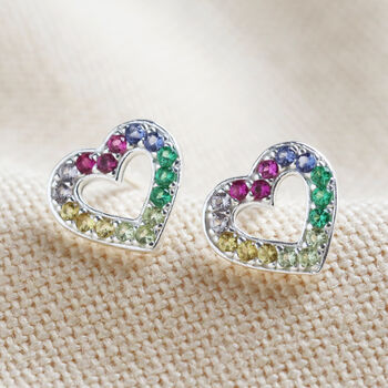 Sterling Silver Rainbow Crystal Heart Stud Earrings, 2 of 4