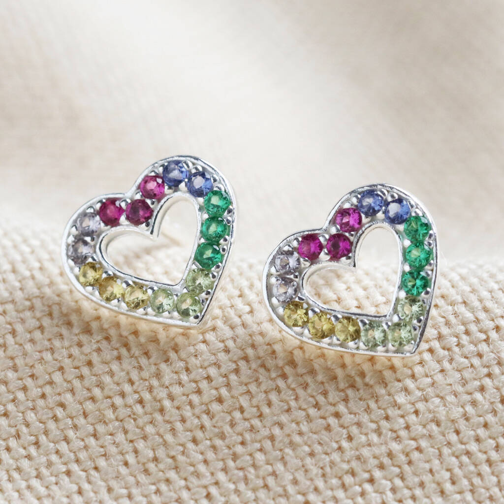 Sterling Silver Rainbow Crystal Heart Stud Earrings By Lisa Angel