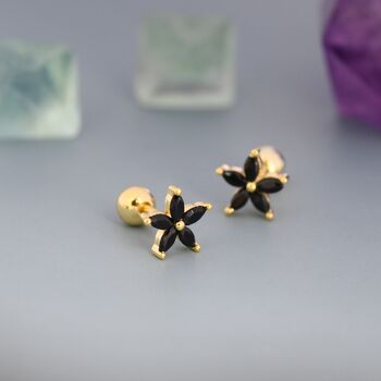 Sterling Silver Black Cz Flower Barbell Earrings, 7 of 12