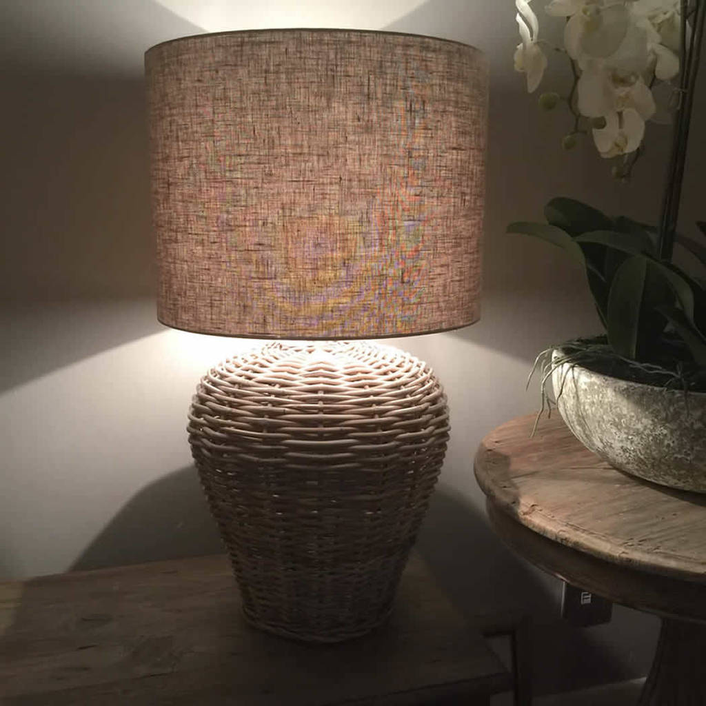 Large Rattan Urn Table Lamp Base With Drum Linen Shade By Cowshed Interiors