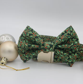 Green And Gold Holly Christmas Dog Bow Tie, 12 of 12