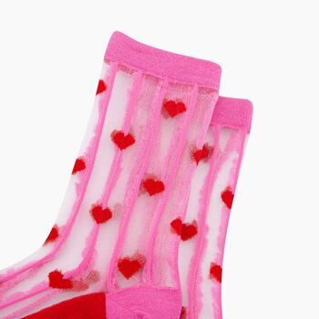 Hearts Stripes Combed Cotton Sheer Pop Socks In Pink/Red, 2 of 4