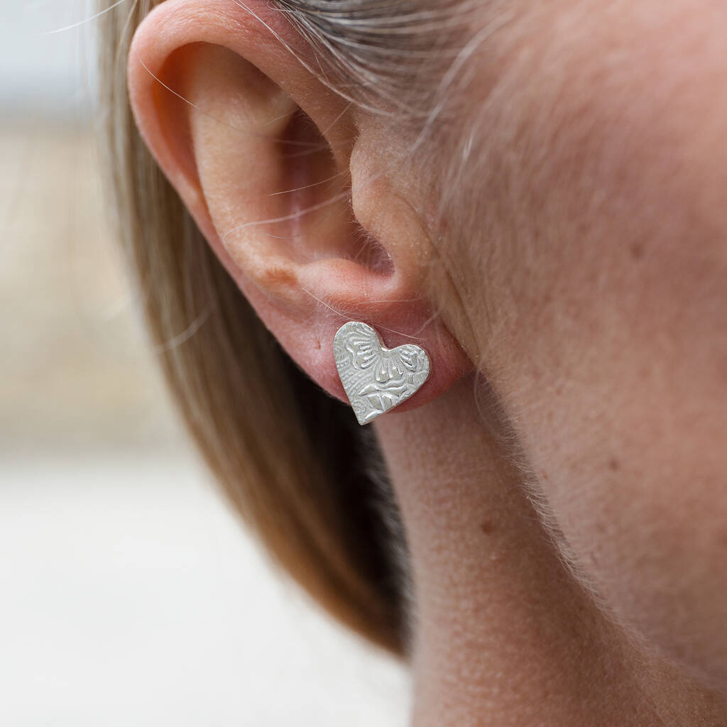Sterling Silver Textured Heart Studs, 1 of 8