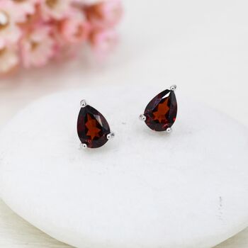 Sterling Silver Genuine Garnet Droplet Stud Earrings, 3 of 10