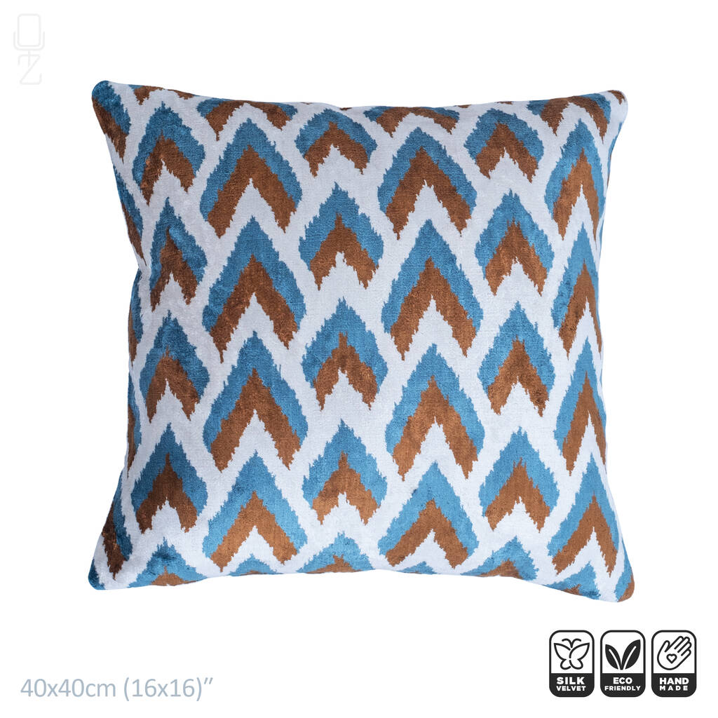 Ikat Velvet Pillow Cover With Blue And Brown 40x40cm, 1 of 5