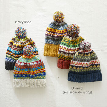 Fair Trade Unisex Bobble Hat Fair Isle Lined Waste Wool, 7 of 8