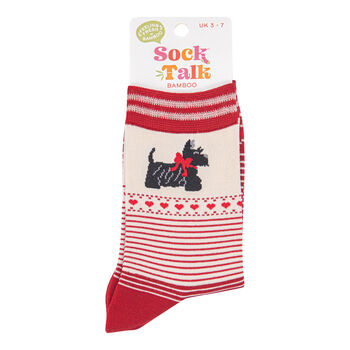 Scottish Terriers Bamboo Dog Socks Striped Women's Red, 2 of 3