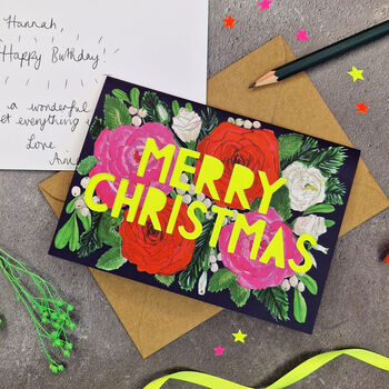 Merry Christmas Neon Floral Papercut Christmas Card, 5 of 7