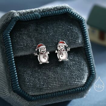 Sterling Silver Cute Snowman With Christmas Hat Stud Earrings, 3 of 11