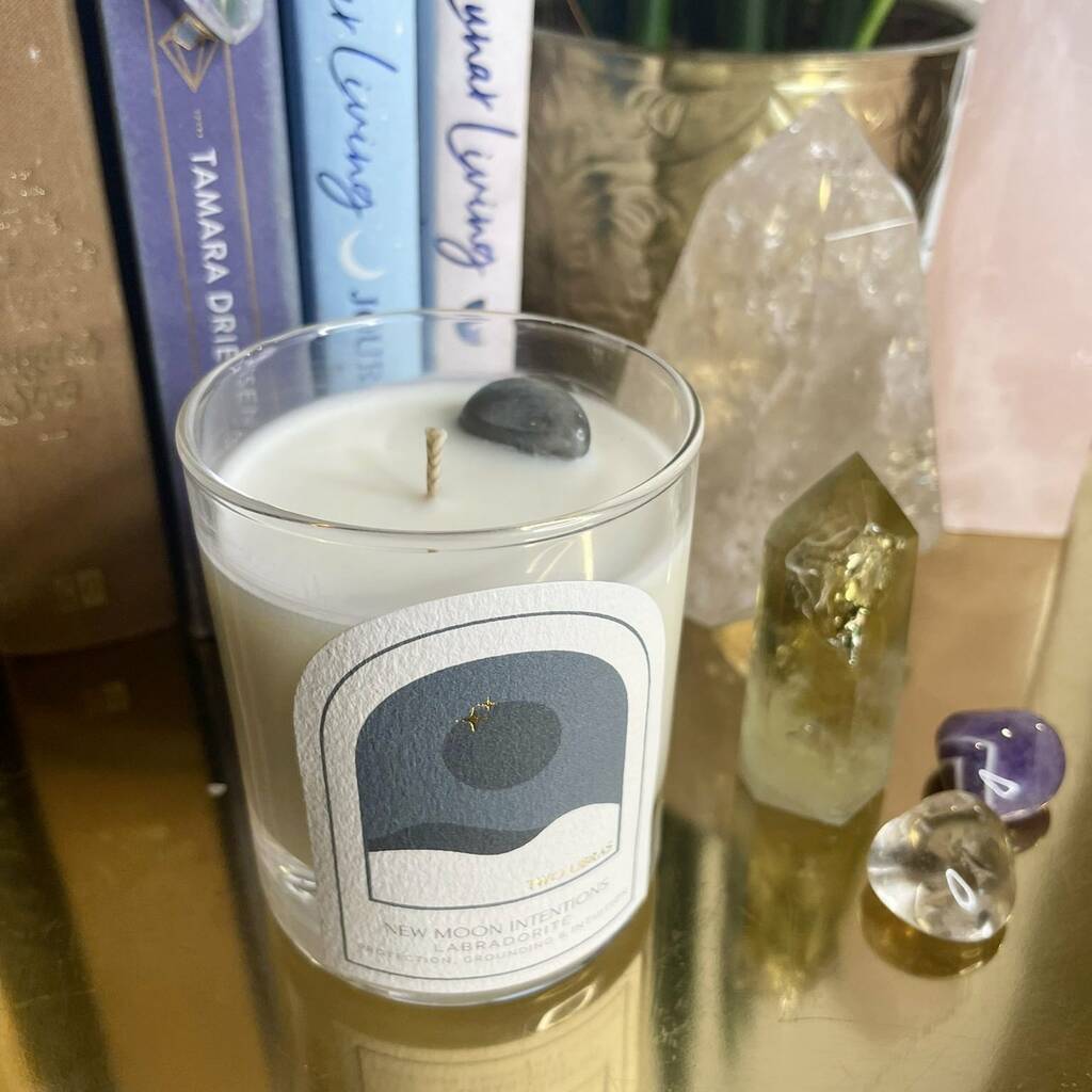 New Moon Crystal Intention Candle For New Beginnings By Two Libras