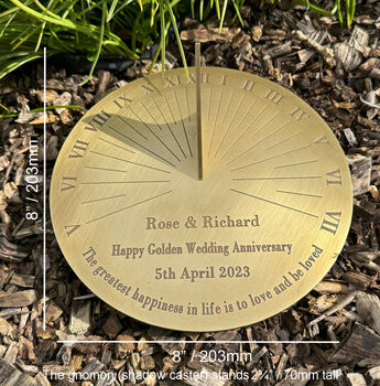 Golden Anniversary Personalised Sundial Engraved Brass, 8 of 9