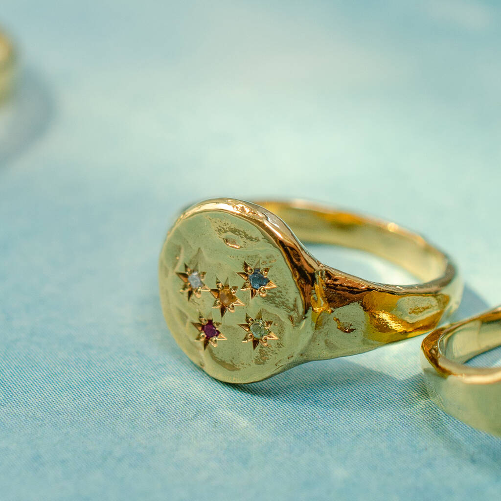Family Birthstone Textured Star Set Disc Signet Ring, 1 of 10