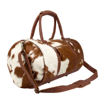 Pony Hair Leather Classic Duffle In Brown And White, 3 of 8