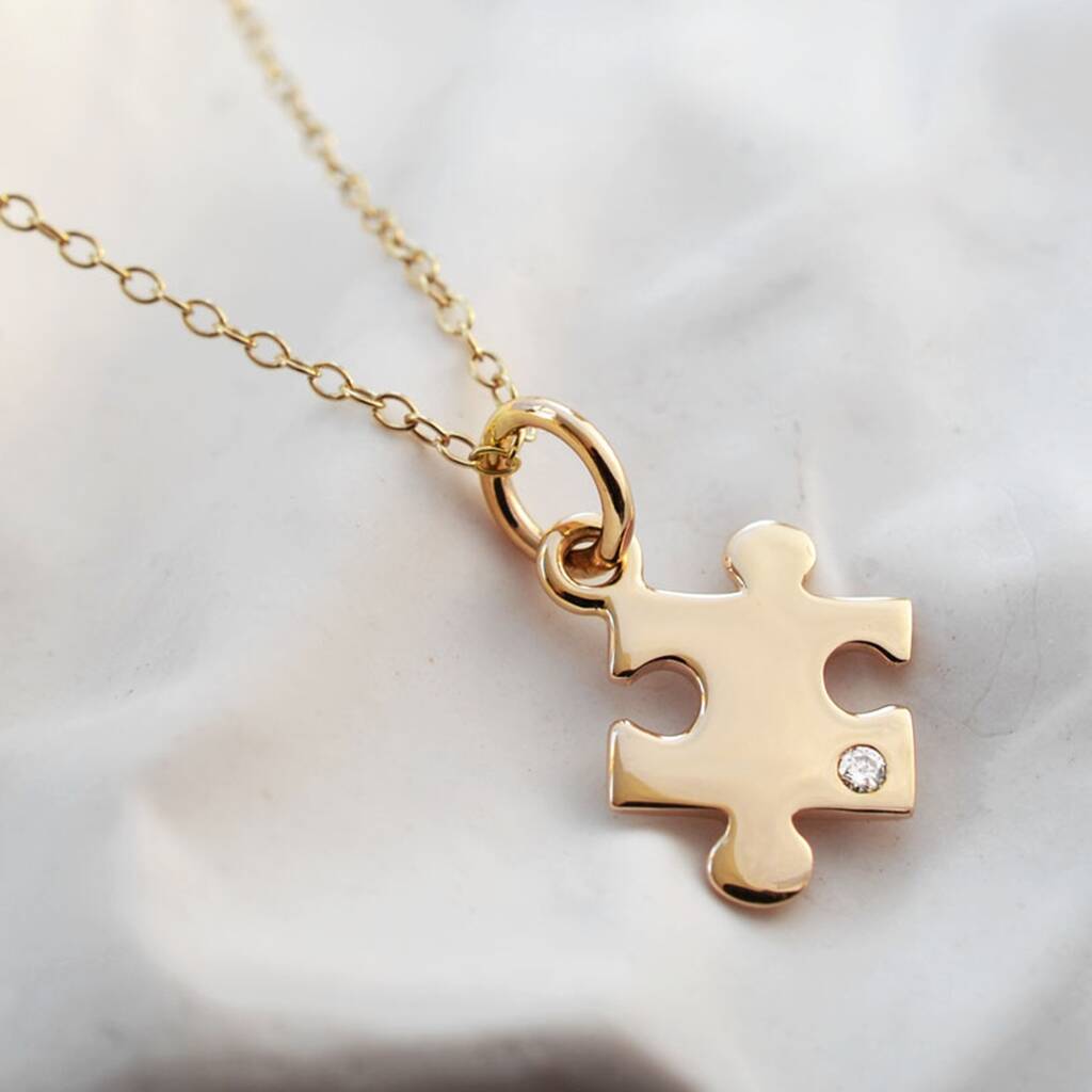 9ct Gold Jigsaw Puzzle Necklace With Diamond, 1 of 7