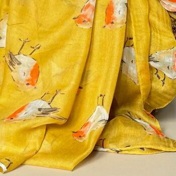 Watercolour Robins Print Scarf In Mustard, 2 of 3