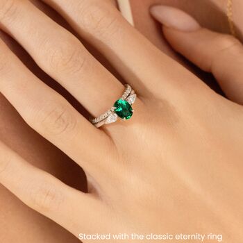 Emerald Oval Cut Three Stone Engagement Ring In Sterling Silver And Gold, 2 of 12