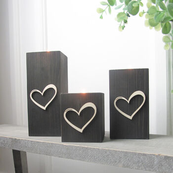 Wooden Tea Light Holders Raised Love Heart Design, 3 of 9