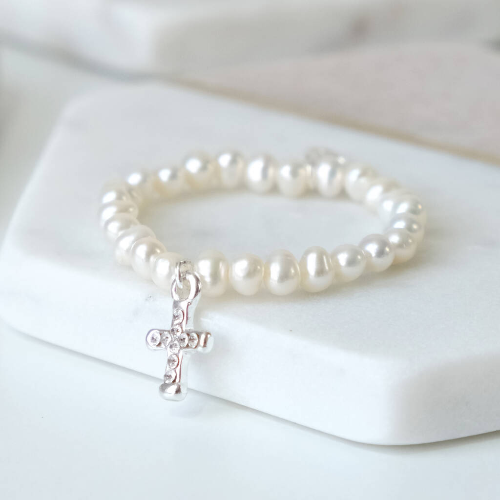 Freshwater Pearls Christening Bracelet With Cross By Dcaro 