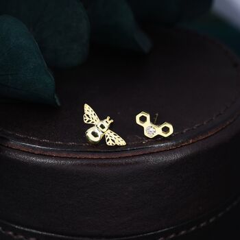 Mismatched Bee And Honeycomb Stud Earrings, 2 of 12