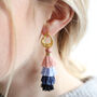 Triple Layer Tassel Earrings In Pink And Blue, thumbnail 2 of 5