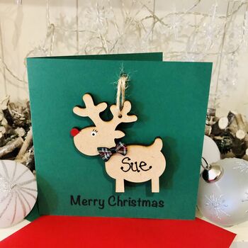 Personalised Reindeer Christmas Card Wooden Decoration, 2 of 9