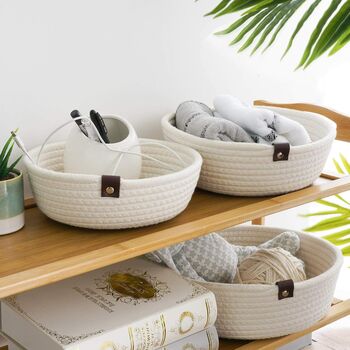 Pack Of Three White Small Woven Storage Basket, 3 of 4