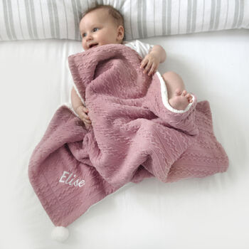 Personalised Dusty Pink Cable Knit Pom Pom Blanket, 6 of 12
