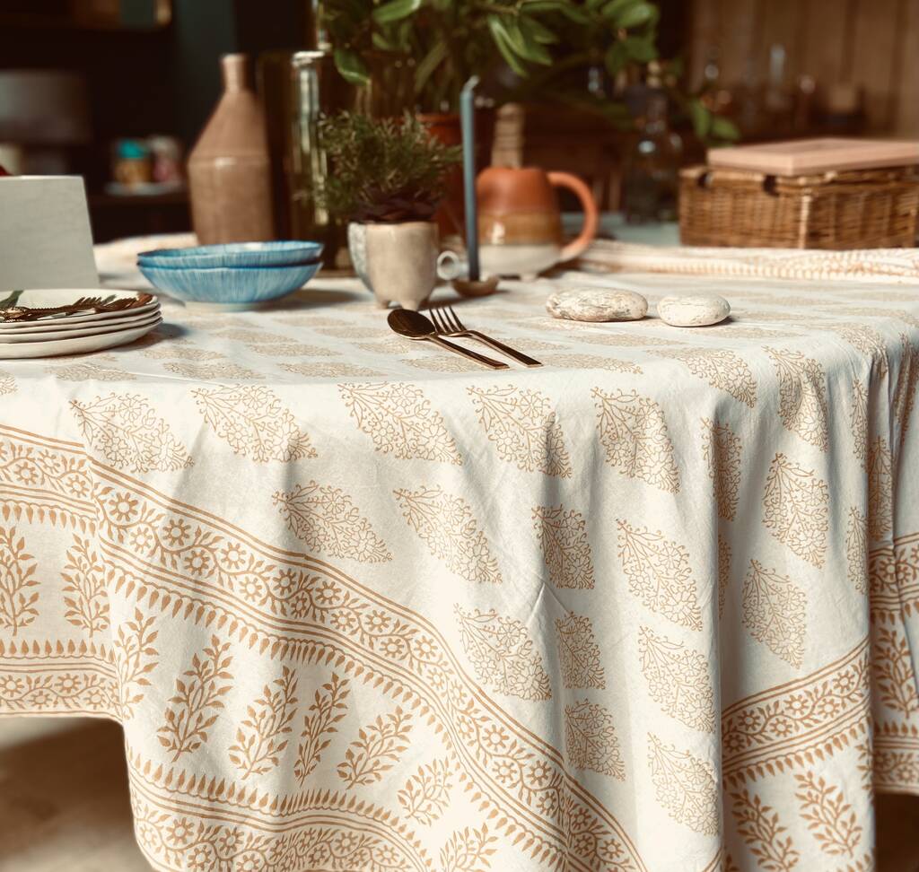 Block Print Mustard And White Table Cloth