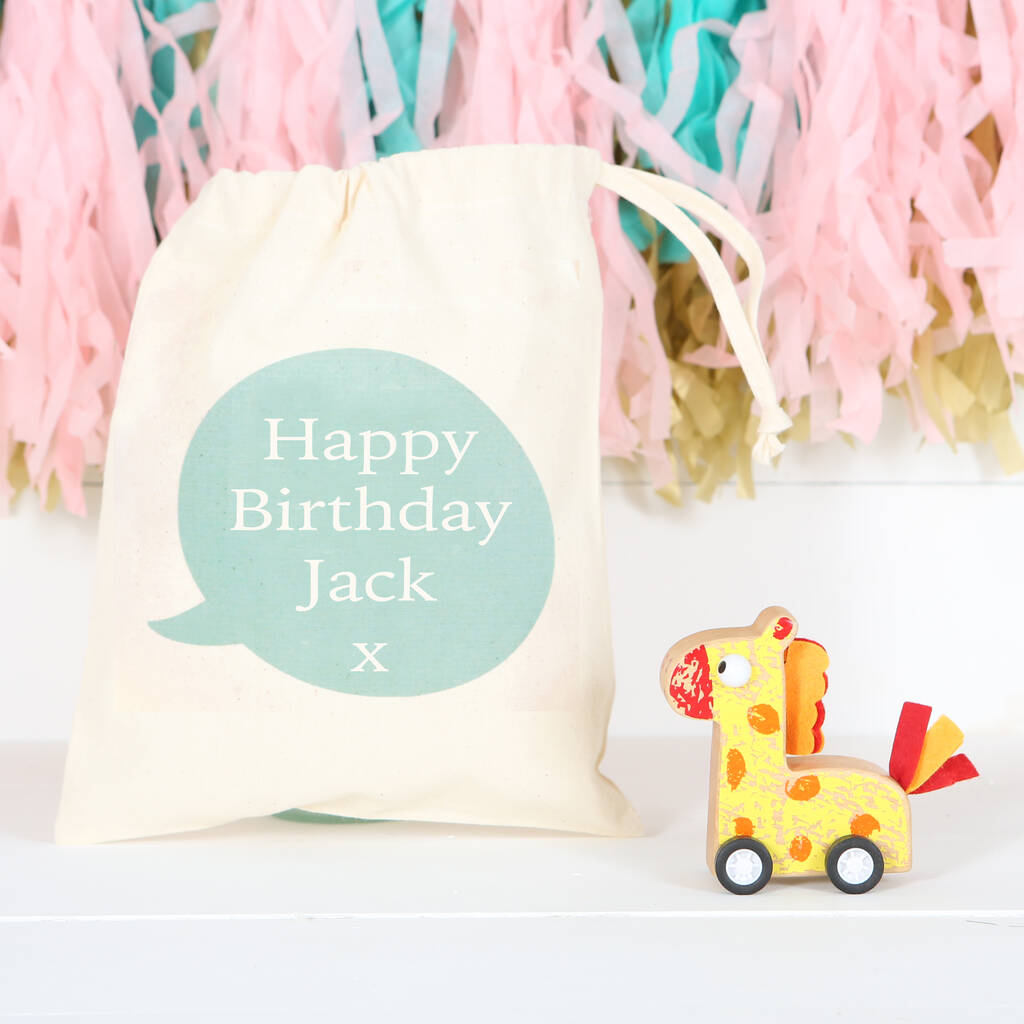 Image of Wooden Giraffe Toy With Personalised Bag