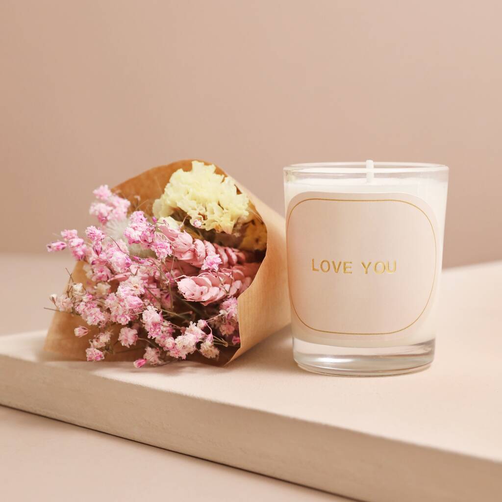 Love You Candle And Mini Dried Flower Posy Gift, 1 of 4