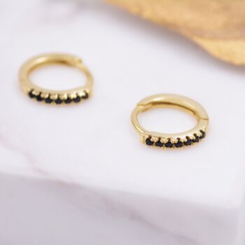 Sterling Silver Skinny Huggie Hoop Earrings With Black Cz Crystals, 3 of 12