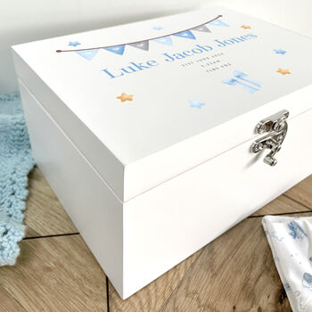 Personalised Blue Garland Baby White Keepsake Box Three Sizes, 3 of 9