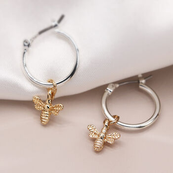 Silver Plated Hoop Earrings With Gold Plated Bee Charm – 16mm, 3 of 6