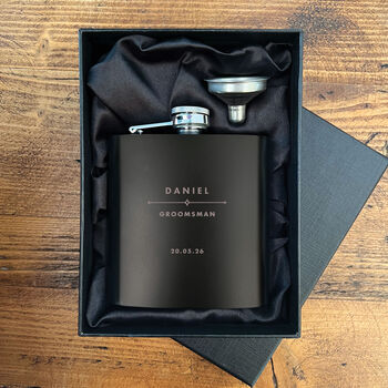 Personalised Modern Engraved Black Metal Hip Flask Wedding, Groomsmen And Birthday Gift, 5 of 11