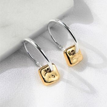 Organic Square Charm Gold Plated Silver Huggie Hoop Earrings, 3 of 8