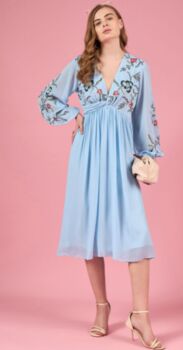 Floral Embroidered Puff Sleeve Chiffon Fit And Flare Midi Dress, 3 of 4