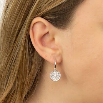 Sterling Silver Huggie Hoop Earrings With Flower Charm, 2 of 8