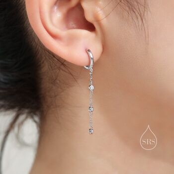 Sterling Silver Tiny Cz Trio Chain Dangle Huggie Hoop, 2 of 10