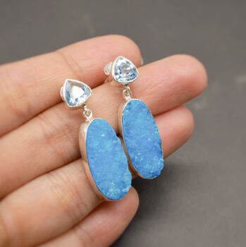 Blue Topaz, Druzy Agate Silver Dangle Earrings, 4 of 7