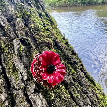 Poppy Red Flower Brooch With Siam Rhinestones, 14k Gold Plated, 3 of 6