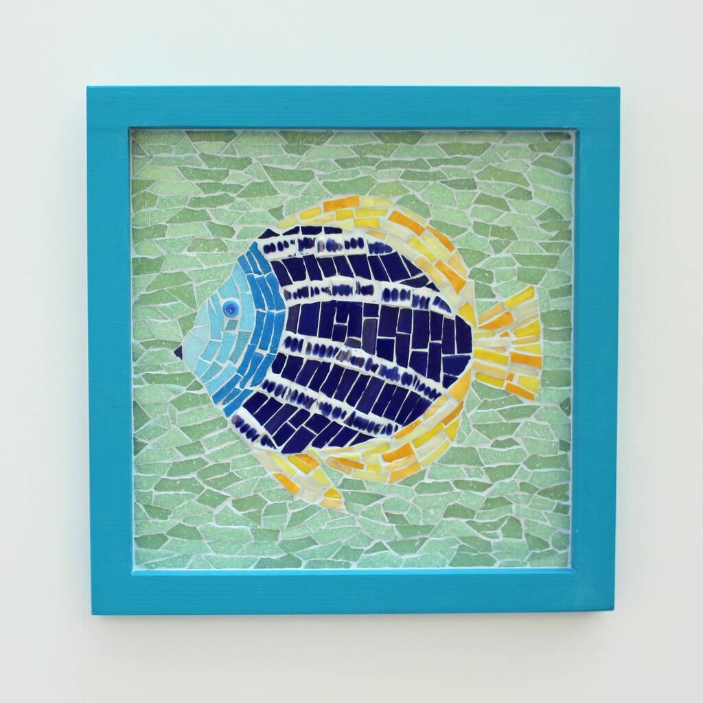 Framed Blue Fish Coastal Mosaic Wall Art, 1 of 4