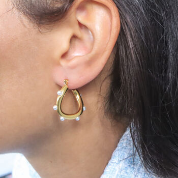 Non Tarnish Twisted Hoop Earrings With Inlaid Pearls, 2 of 10