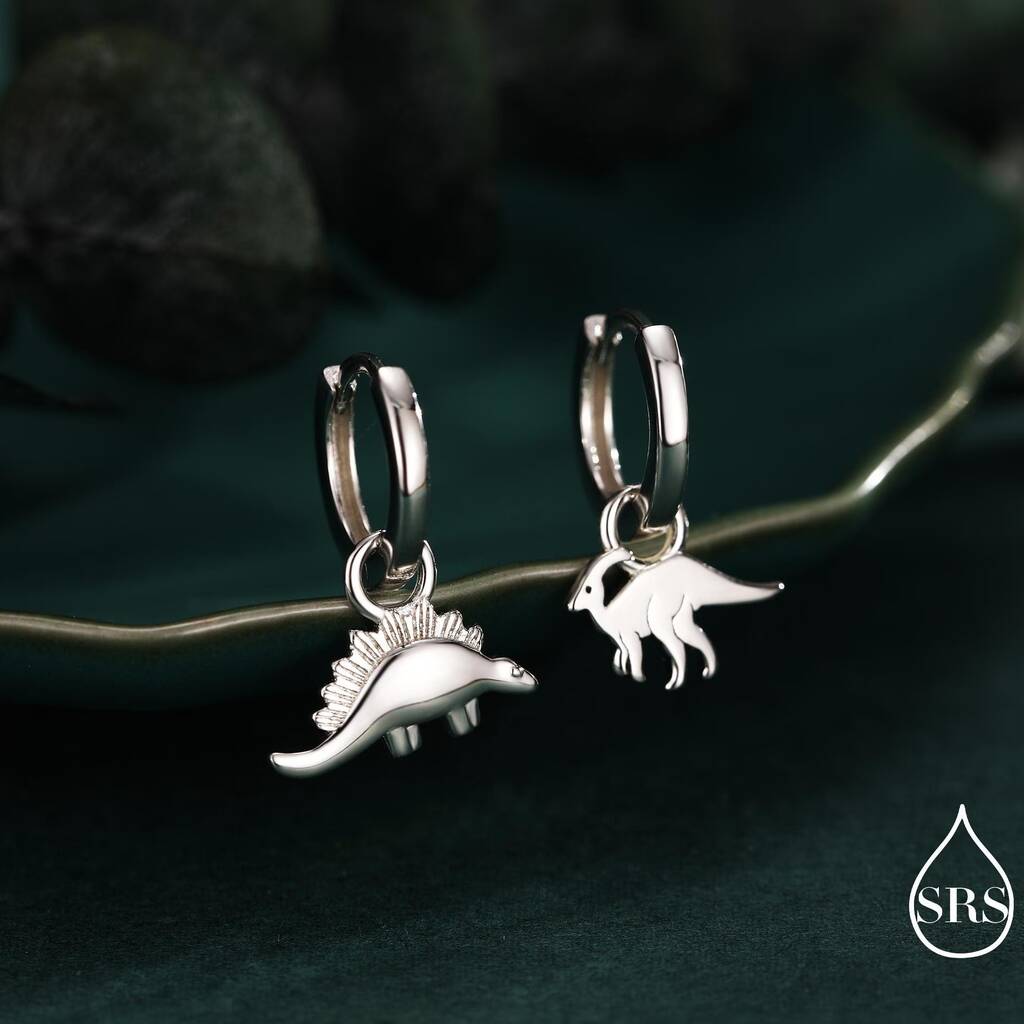 Sterling Silver Mismatched Parasaurolophus And Stegosaurus Hoop Earrings, 1 of 12