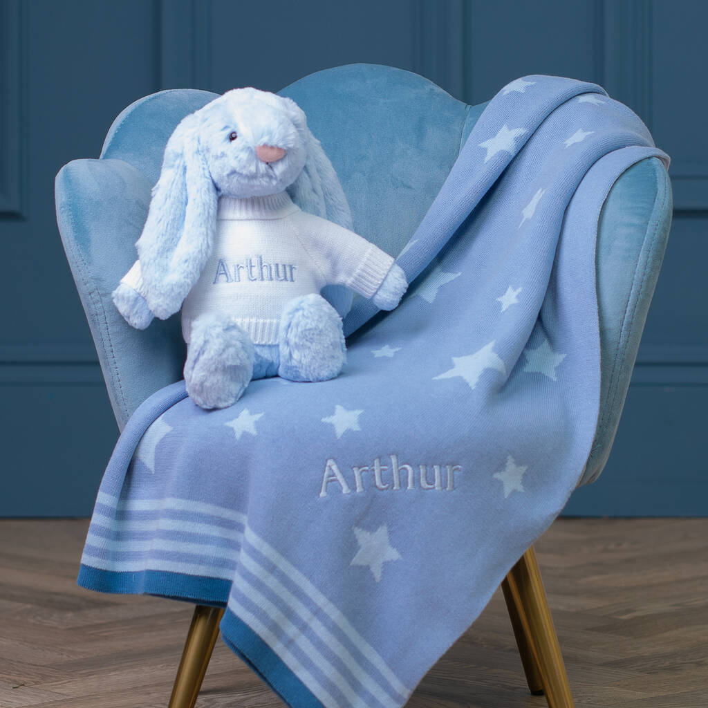 Personalised Blue Star Baby Blanket And Bashful Bunny, 1 of 4