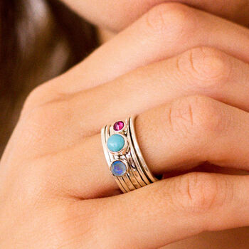 Ibiza Bliss Moonstone And Garnet Silver Spinning Ring, 2 of 6