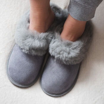 Women's 100% Natural Sheepskin Slippers In Grey, 2 of 5